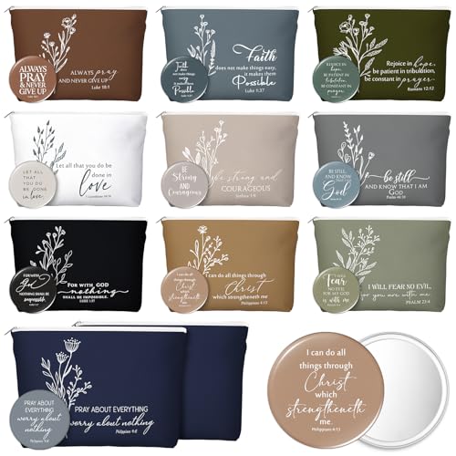 Reginary 10 Sets Thanksgiving Christian Gifts for Women 10 Religious Canvas Makeup Bags 10 Bible Verse Compact Mirrors Inspirational Church Christmas Gifts for Ladies(Neutral Colors,Aesthetic Style)