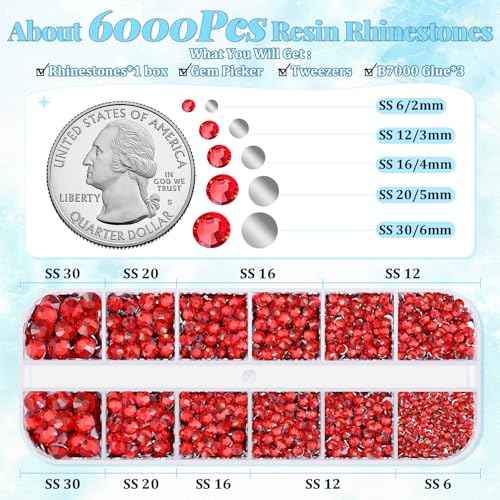 6000Pcs Resin Rhinestones for Bedazzling with 3Pcs B7000 Jewelry Glue, 1 Box Red Flatback Rhinestones for Crafting Crafts DIY, Crystals Gems for Clothing Shoes Tumblers Nail Art Makeup