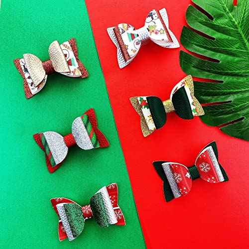 AOUXSEEM 24 Set Christmas Faux Leather Hair Bows DIY Making Kit with Pre Cut Pieces and Hair Clips, Make Fashionable Unique Hair Clips for Girls Women