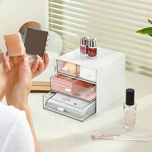 Makeup Organizer with 4 Drawers, Desk Organizer, Cosmetics Storage Box for nail polish, Lipstick, Brushes, Jewelry, Skincare, Bathroom Organization Boxes - White