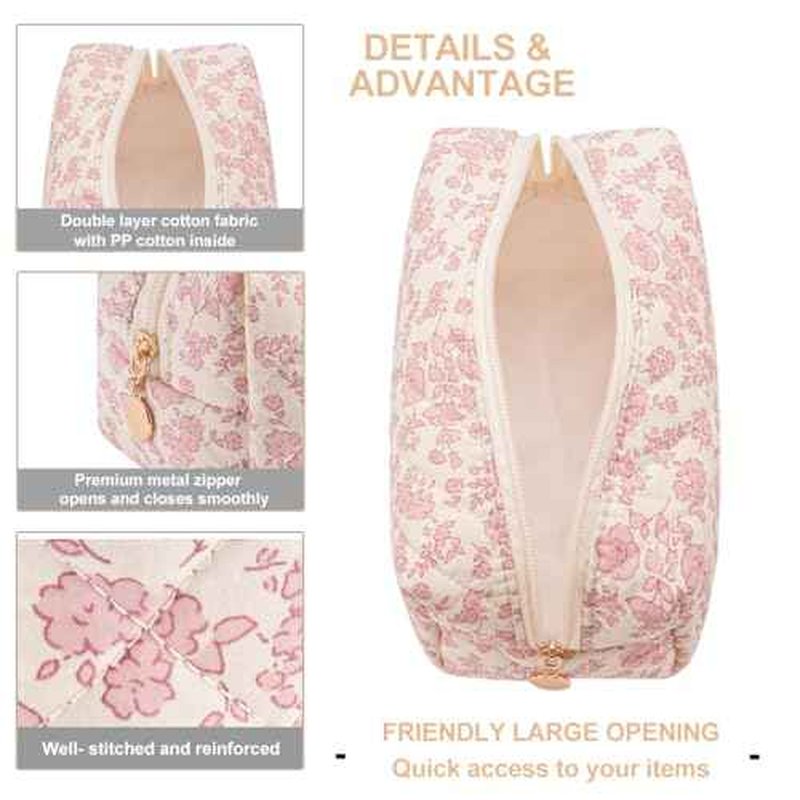 Gleyemor Small Quilted Makeup Bag for Women, Cute Floral Bow Cosmetic Bag, Emergency Bag Travel Toiletry Cotton Pouch Gifts for Girls Her Mom Friend Sister Bridesmaid (Pink Flower)