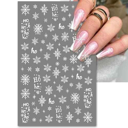 Large Snowflake Nail Stickers, Christmas 3D Self-Adhesive Nail Art Decals - White Snowman Santa Elk Design for DIY Manicure Winter Xmas DIY Nail Decorations (4 Sheets)