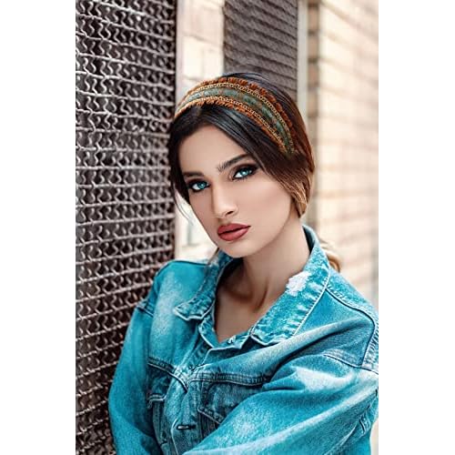 Boho Ethnic Wind Embroidery with Floral Headband Non-slip Elastic Brown Metal Hairband Wedding Vacation Headband for Woman Girls