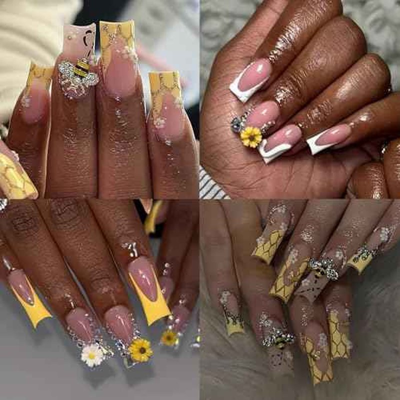Tiny Bee Nail Art Charms Resin Cartoon Daisy Flower Nail Gems 3D Gold Alloy Bees Jewelry Charms for Nails, Spring Summer Daisy Sunflower Nail Rhinestones for Women DIY Nail Decoration 60Pcs