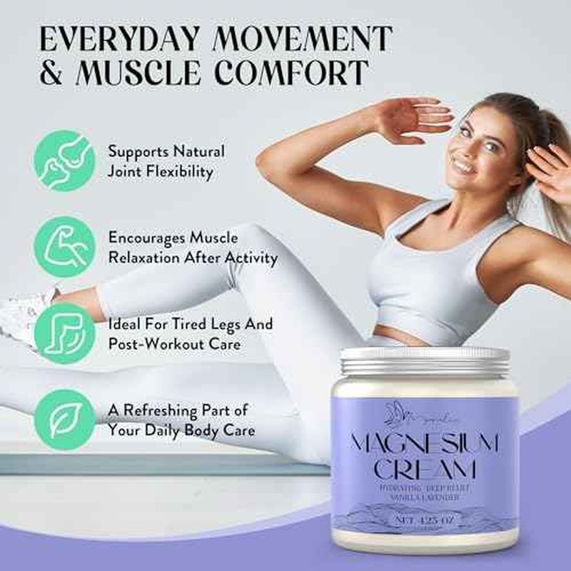 Magnesium Cream for Sleep - Topical Magnesium for Women, Muscle Relaxation, Calm, Moisturizing with Coconut Oil, Shea Butter & Hyaluronic Acid, 4.23 OZ, Safe for Kids (4.23 Ounce, Lavender)