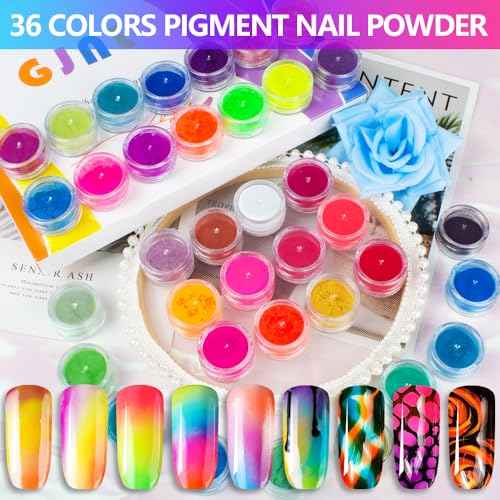Neon Pigment Powder for Nails Eyeshadow - 36 Colors Fluorescent Neon Rainbow Smoke Nails, 3D Nail Art Pigment Powder for Acrylic Nails, Halloween Neon Makeup Pigment Eyeshadow Liner