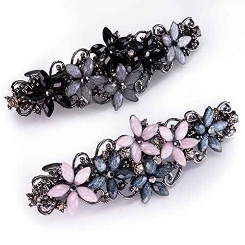 Elegant Hair Clips for Women and Girls Fashion Sparkly Glitter Rhinestones Hair Barrettes Flower Hairpin Hair Accessoires (Pink&Dark Blue/Black&Gray Flowers)