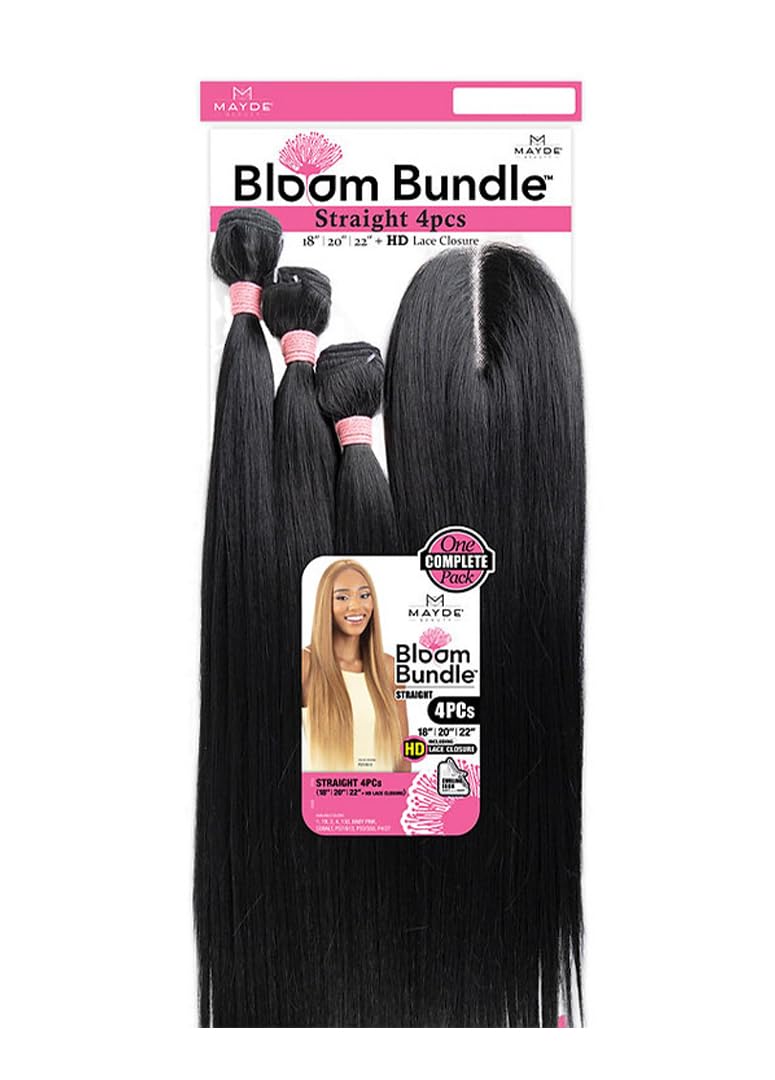 Mayde Beauty Bloom Bundle - Straight Weave Hair Multipack with Closure | 4PCS (18"20"22"+CL) in 1B Off Black