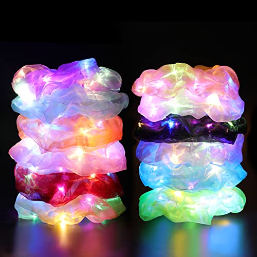 12PCS LED Scrunchies, Glow in the Dark Hair Ties with Premium Gift Bag, Light Up Hair Accessories for Women, 3 Light Modes, Colorful Meteor Yarn Hair Ties, Hair Bands for Neon Glow Party