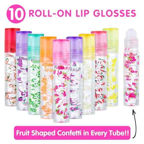 EXPRESSIONS 10pc Roll On Lip Gloss Set with Carrying Case, 10-Pack Glossy Lip Makeup - Assorted Fruity Flavors, Non Toxic, Kid Friendly, Party Gift, Best Friends