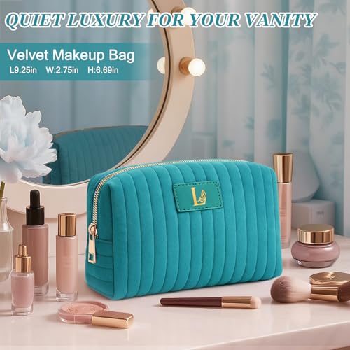 Monogrammed Make Up Bags for Women,Personalized Cosmetic Bags Women,Small Quilted Makeup Pouch,Cute Makeup Bag Travel,Birthday Gifts for Teen Girl (Blue L)