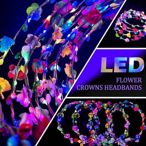 50 Pcs LED Flower Crowns Headbands,Flower Crowns For Women,Mardi Gras Light Up Headbands Tiara Flower Crown Accessories for Wedding Beach Party Birthday Cosplay Halloween Christmas Day