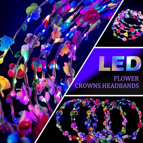 30 Pcs LED Flower Crowns Headbands,Flower Crowns For Women,Mardi Gras Light Up Headbands Tiara Flower Crown Accessories for Wedding Beach Party Birthday Cosplay Halloween Christmas Day