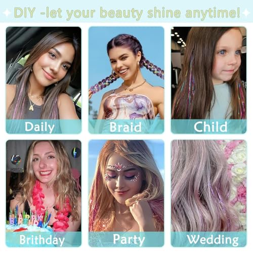 Hair Tinsel,18 Colors Hair Tinsel Kit for Girls 7600 Strands Fairy Tinsel Hair Extensions Holographic Hair Tinsel Heat Resistant Colored Hair Glitter Christmas Party Festival (18 Colors)