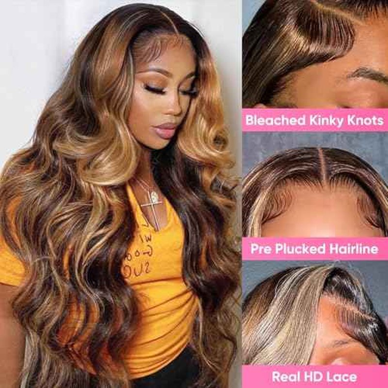 Honey Blonde Ombre 13x6 Lace Front Wig Human Hair 210 Density Highlight Body Wave Lace Front Wigs Human Hair Pre Plucked Glueless Lace Frontal Wig for Women 4/27 Colored 32Inch