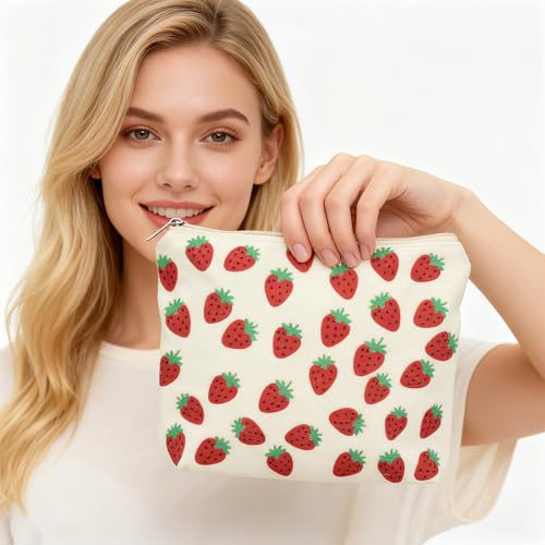 Strawberry Lover Gifts for Women - Strawberry Tote Bag, Makeup Bag, Eye Sleep Mask Gift Set for Girls - Birthday, Christmas, Thank You Gifts for Mom, Teacher, Friend, Sister, Nurse (Strawberry)