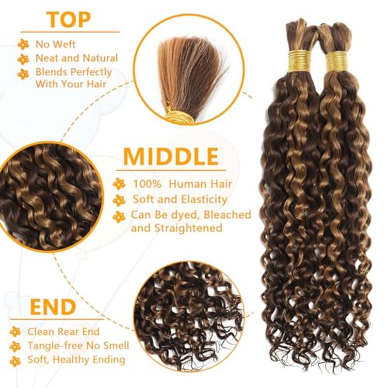 Human Braiding Hair Water Wave Bulk Human Hair For Braiding No Weft Wet And Wavy Human Hair Braiding Hair Extensions For Boho Braids 2 Bundles Human Hair Per Pack 100g (18inch, 4/27#)