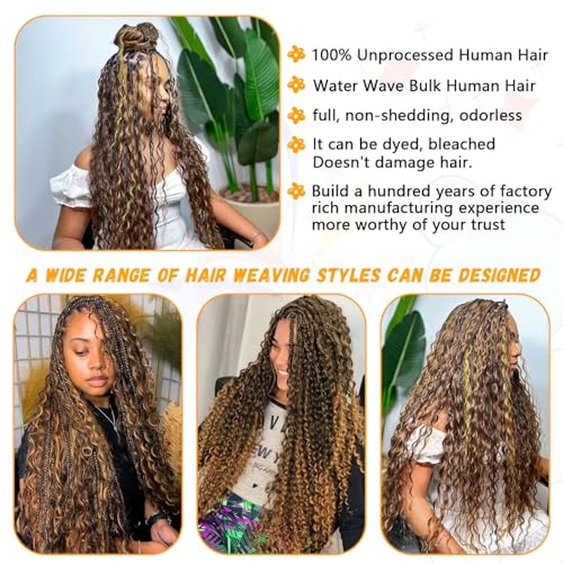 Human Braiding Hair Water Wave Bulk Human Hair For Braiding No Weft Wet And Wavy Human Hair Braiding Hair Extensions For Boho Braids 2 Bundles Human Hair Per Pack 100g (18inch, 4/27#)