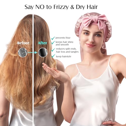 YFONG Double-Layered 100% Pure Mulberry Silk Bonnet for Long Hair, 22 Momme Silk Hair Bonnet for Sleeping with Elastic Tie Band, Real Silk Sleep Cap for Women Long Curly Hair, Pink