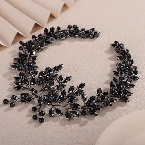 Teyglen Gothic Black Crystal Rhinestone Headband Bridal Crystal Pearl Wedding Hair Vine Simple Rhinestone Hair Piece Halloween Headpiece Costume Hair Accessories for Women(Black)