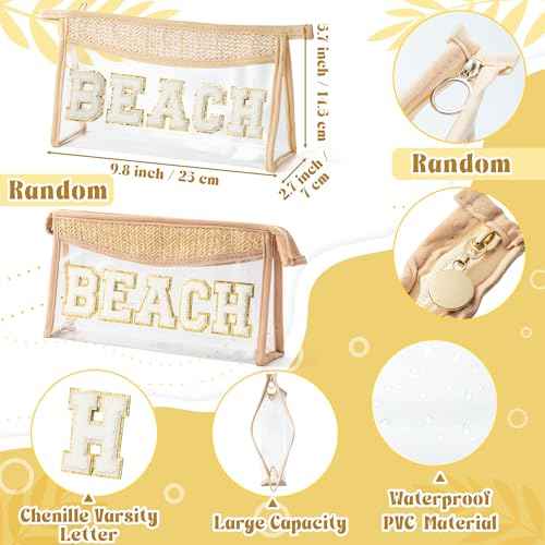 Boho Patch Beach Cosmetic Bag - Summer BEACH Chenille Varsity Toiletry Makeup Bag Beige Letter Clear Waterproof Travel PVC Zipper Clutch Daily Use Purse Summer Makeup Pouch for Women Girls