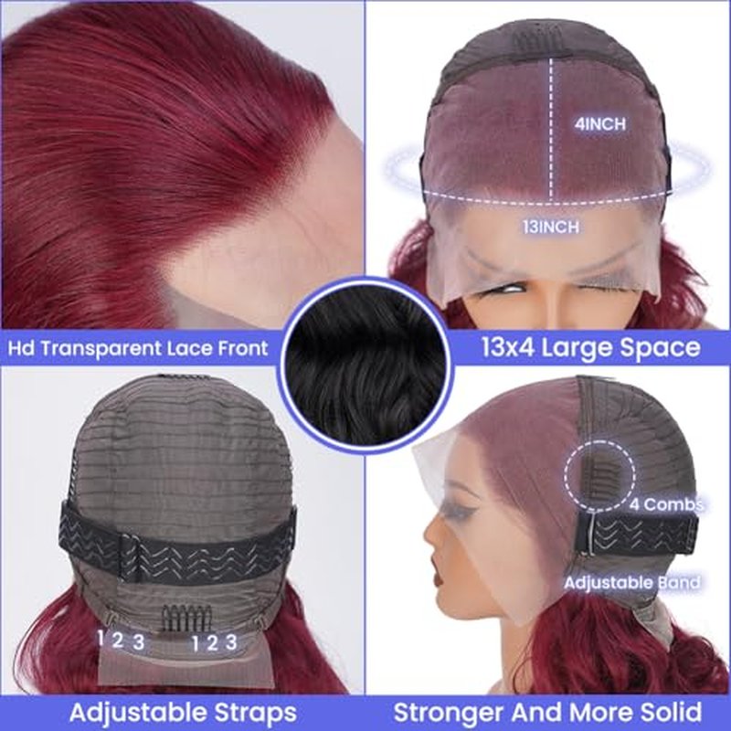 99J Burgundy Body Wave Bob Wig 13x4 HD Transparent Lace Front Wigs Human Hair Pre Plucked 180% Density Glueless Wigs Human Hair with Baby Hair for Women 14 Inch