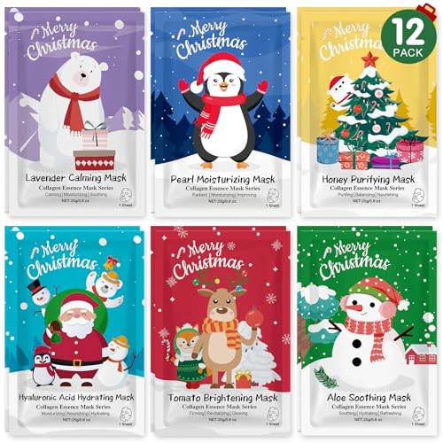 12 Pack Christmas Stocking Stuffers Facial Masks, Sheet Face Masks Skincare, Hydrating Facial Masks Set for Women Skin Care, Bulk Christmas Gifts for Women