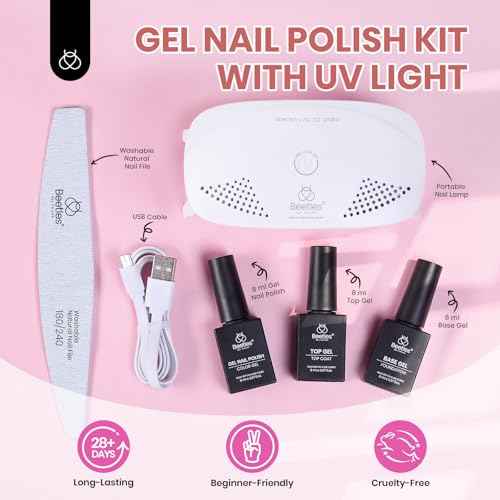Beetles White Gel Nail Polish Kit with U V Light, 5 Pcs Gel Polish Starter Kit with Base & Top Coat and Nail File for Beginners Soak Off White DIY Art Set Manicure Gifts for Women Girls Teens