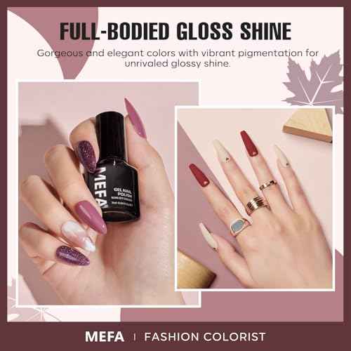 MEFA Fall Gel Nail Polish Set, 12 Colors Burgundy Red Nail Polish Set Champagne Gold Glitter Nail Polish Gel Soak Off Dark Red Purple Shimmer Nude Brown Manicure Gifts for Women Girl DIY Salon Home