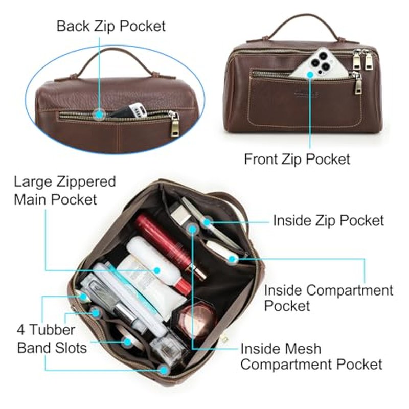 CONTACTS Full Grain Leather Travel Toiletry Bag for Men Large Wash Bag with Handle Bathroom Shaving Dopp Kit Toiletries Organizer Vintage Cosmetic Bag
