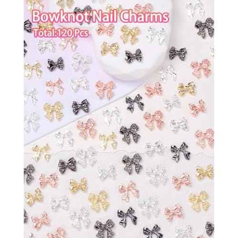 120 Pcs Alloy Bow Nail Charms and Gems, Silver Gold Black Bowknot Metal Nail Art Charms, Shiny Luxury Cute Bow Nail Jewelry for Nails Design Manicure Accessories