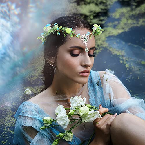 MOSTORY Cosplay Elf Crown V-shape Crystal Headband Woodland Forest Headpiece Mushroom Flower Hair Garland for Women Girls Wedding Bridal Easter Thanksgiving Christmas Costumes Aqua Green