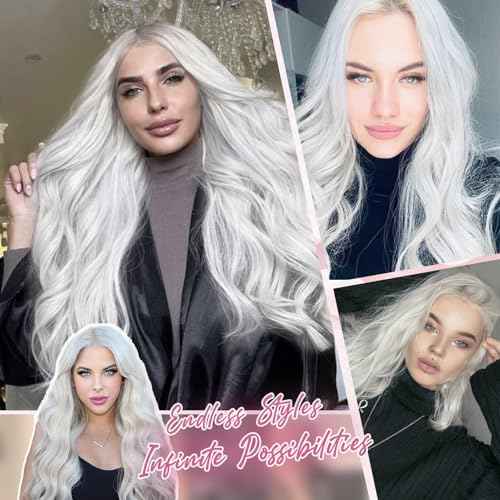 MYQUEEN White Wig for Women Long Wavy Wig 26 Inch Glueless Curly Synthetic Lace Front Wig Middle Part Natural Looking Heat Resistant Fiber Wig for Party Holloween Cosplay