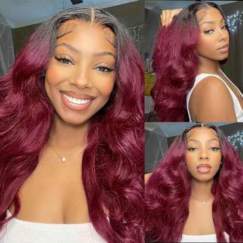 GABRIELLE 32 Inch Glueless Wig Body Wave Lace Front Human Hair Wigs 1B/99J Burgundy 5x5 HD Lace Closure Wigs 180 Density Pre Plucked Pre Cut Lace Virgin Human Hair Wigs for Women