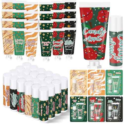 Loopeer 48pcs/24sets Christmas Hand Cream and Lip Balm Gift Sets for Women Travel Hand Lotions Moisturizing Lip Care Lipstick for Dry Cracked Christmas Stocking Stuffer Xmas Bulk Gift Coworker Adult
