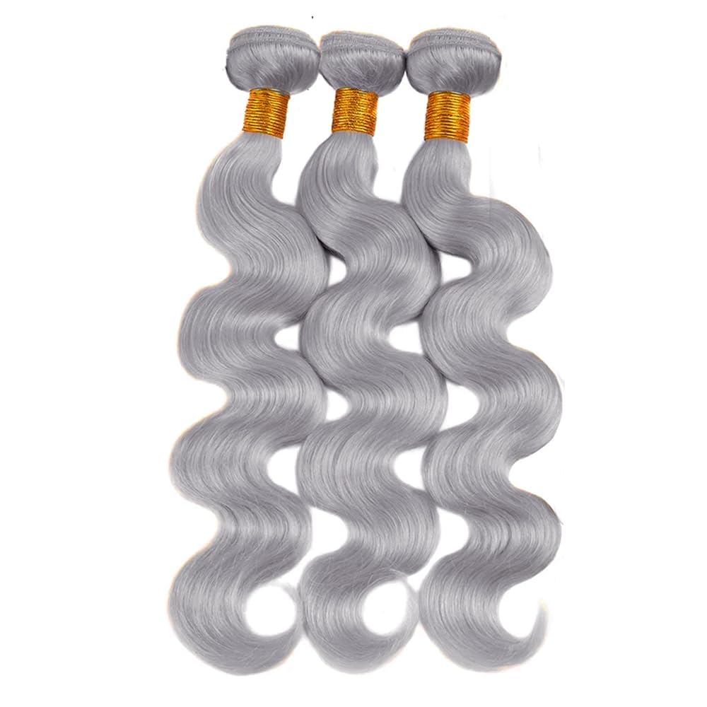 Grey Body Wave Human Hair Bundles 3 Bundles Body Wave Hair Brazilian Virgin Human Hair Extensions Unprocessed Hair Bundles for Women 12 14 16 Inch 300g