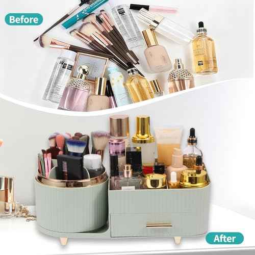 Makeup Organizer Countertop with Drawer 360 Rotating Brush Holder Storage Large Capacity Skincare Cosmetic Display Cases for Vanity Bathroom Desktop, Model 3016 Green