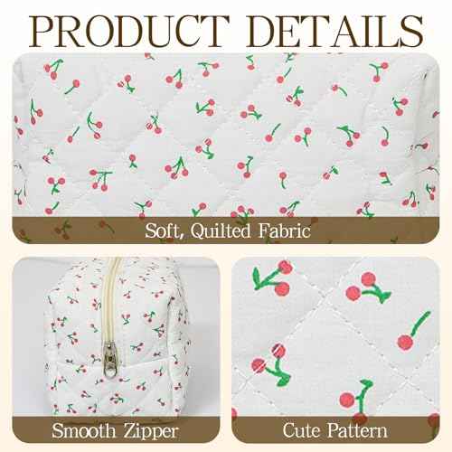 Quilted Makeup Pouch,Cotton Puffy Makeup Bag, Coquette Cosmetic Bag for Women and Girls, Aesthetic Organizer Bag, Cute Flower Travel Toiletry Bag