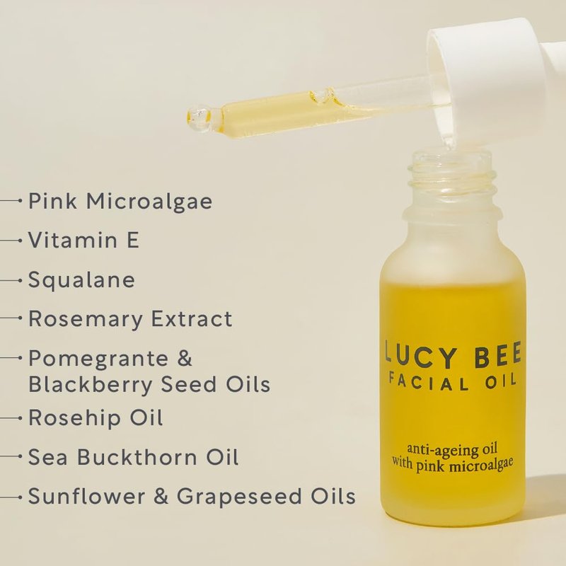 Lucy Bee Face Oil, Certified Organic, Antioxidant Rich Facial Oil, Pink Microalgae, Vitamin E & Squalane, Lightweight & Luxurious, Dermatologist Approved, Cruelty Free & Vegan, 0.6fl oz