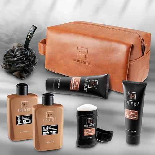 Luxury Mens Bath and Body Gift Set Basket For Him - Smoky Sandalwood - All Natural Skin Care Kit For Men w. Full Size Body Wash, Facial Scrub, Body Lotion, Deodorant in Leather Toiletry Bag