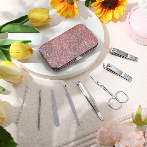 Lasnten 24 Set Christmas Manicure Set Bulk Nail Clippers Grooming Nail Kit Stainless Steel Professional Pedicure Kit Pedicure Tools with Travel Case Gifts for Xmas Men Women(8 in 1,Shiny Pink)