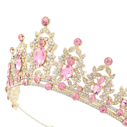 Gold Crown for Women, Fufuddz Pink Crystal Tiara Princess Tiaras Queen Crowns with Combs Quinceanera Birthday Bridal Wedding Prom Party Halloween Headband Christmas Hair Accessories 15th 16th