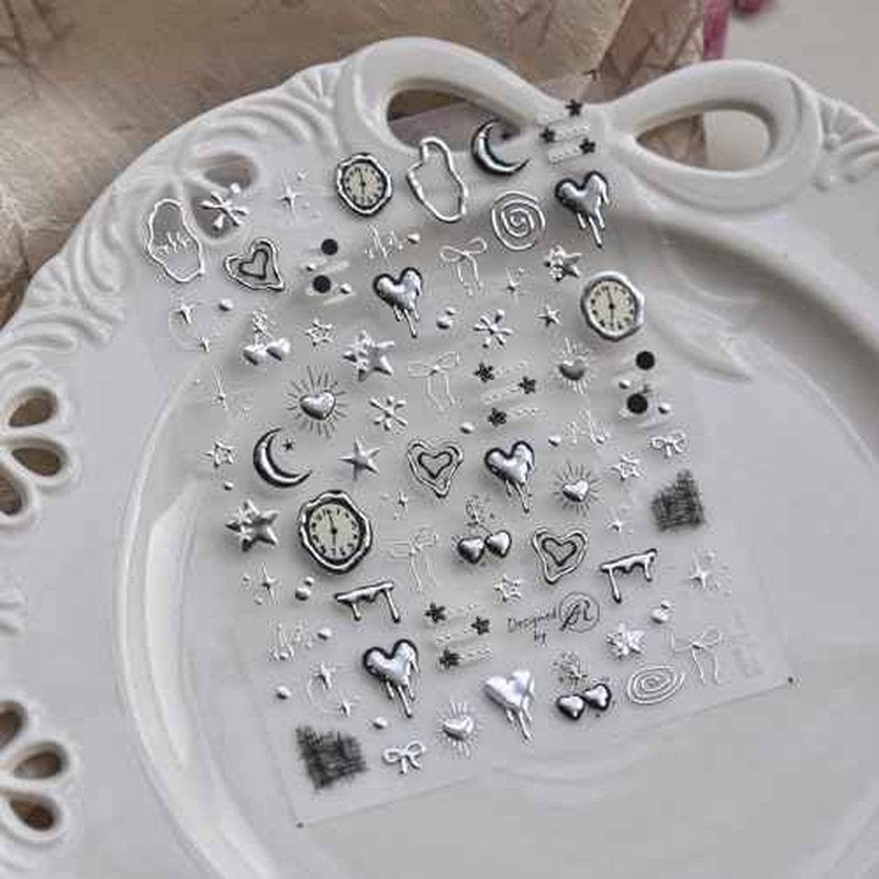 Silver Nail Art Stickers Heart Star Nail Decals with Metal Design 5D Embossed Self Adhesive Clock Nails Stickers Charms Supply for Women Girls Kid Manicure DIY Decorations