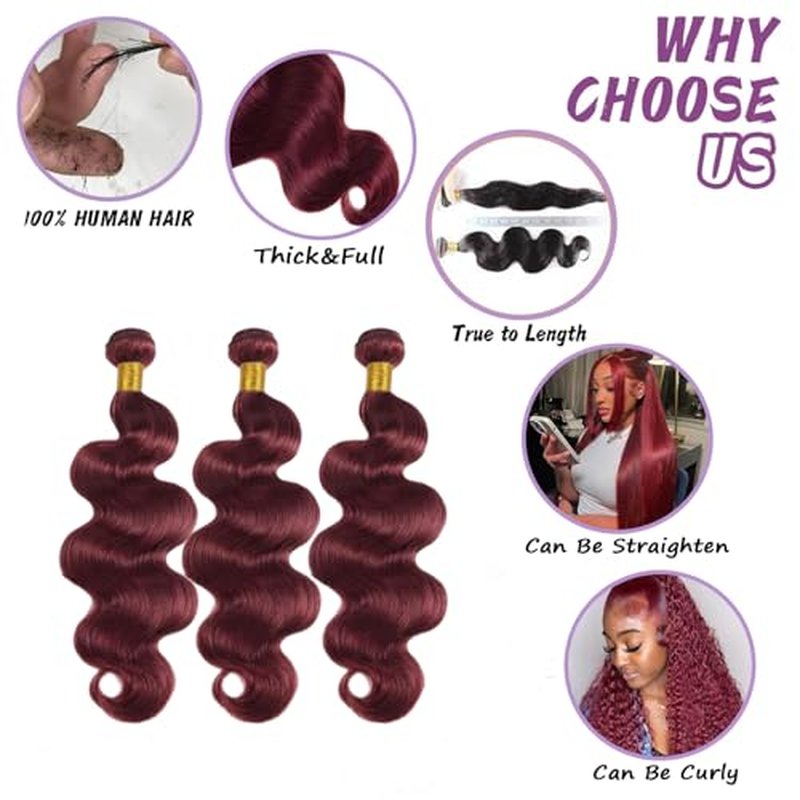 99J Burgundy Human Hair Bundles Body Wave 26 Inch 12A Wine Red Double Weft Brazilian Bundles Human Hair Extensions 1 Pack