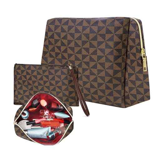 Leather Checkered Makeup Bag, 2 Pack Portable Cosmetic Bag, Large Capacity Waterproof Travel Toiletries Bag for Women, Christmas Gifts