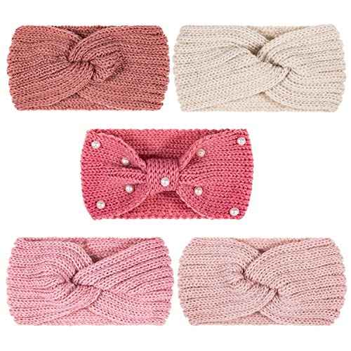 Whaline 5 Pieces Winter Knit Headbands Chunky Knit Headbands,4 Elastic Turban Head Wraps and 1 Pearl Crochet Hair Band, Ear Warmer Crochet Head Wraps for Women Girls (Pink Colors)
