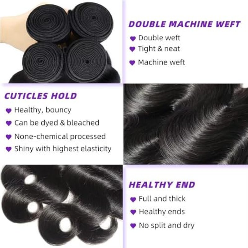 Body Wave Bundles Human Hair 14 16 18 20 Inch Human Hair Bundles 100% Unprocessed Brazilian Virgin Quick Weave 4 Bundle Human Hair Extensions for Black Women Natural Color