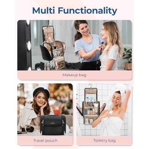 BAGSMART Makeup Bag for Women with Hanging Hook, Large Portable Capacity Water-resistant Organizer Travel Case for Toiletries and Cosmetics, Brown