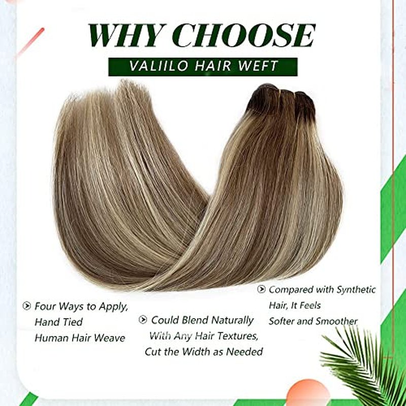 Weft Hair Extensions Human Hair, 16 inch 100g Ash Brown Highlighted Bleach Blonde Sew in Hair Extensions Real Human Hair Hand Tied Weft Hair Extensions Sew In Remy Hair Bundles Weave