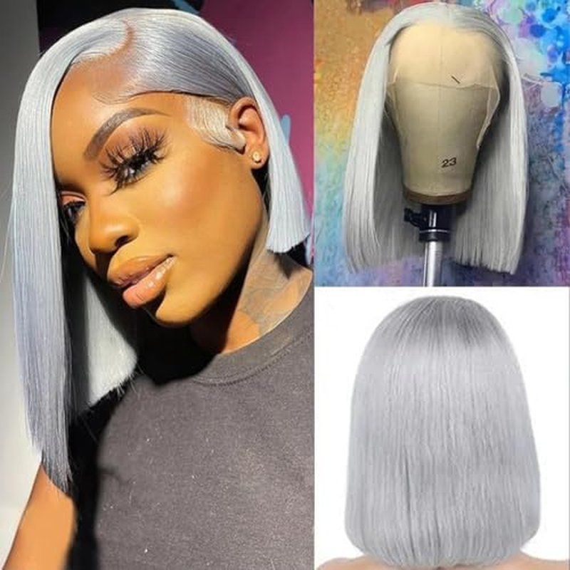 Smartinnov Grey Bob Wigs Human Hair 13x4 Lace Front Wigs Glueless Brazilian Remy Hair Straight for Women 8 Inch Pre Plucked Natural Hairline 180% Density Grey HD Lace Frontal Short Bob Wigs